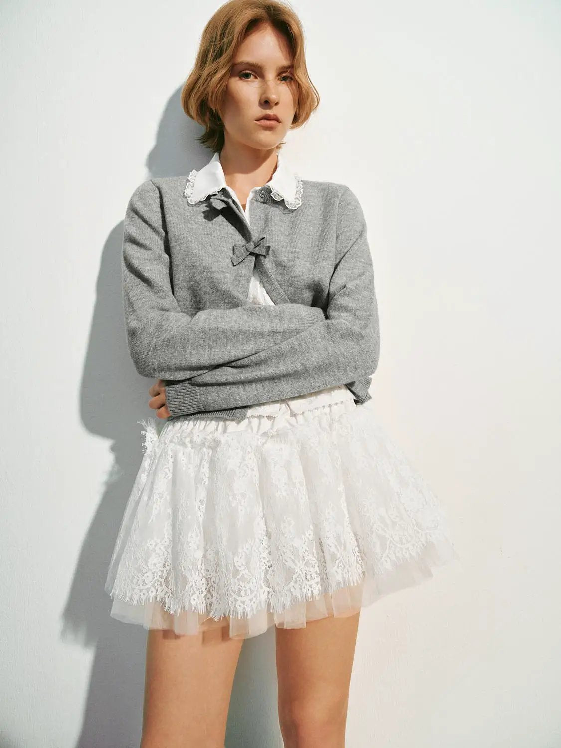 Knitwear Jacket by Urban Revivo, gray knitted cardigan worn over a white lace-collar blouse