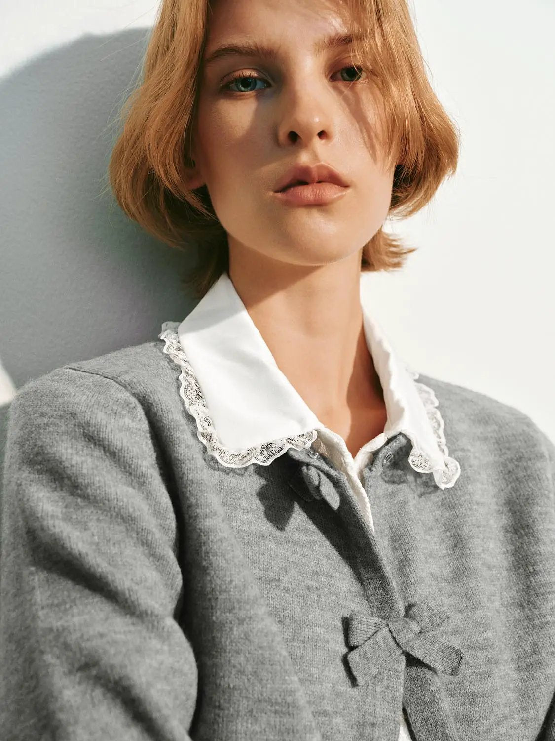 Knitwear Jacket grey knitted cardigan with white lace collar Urban Revivo Fashion