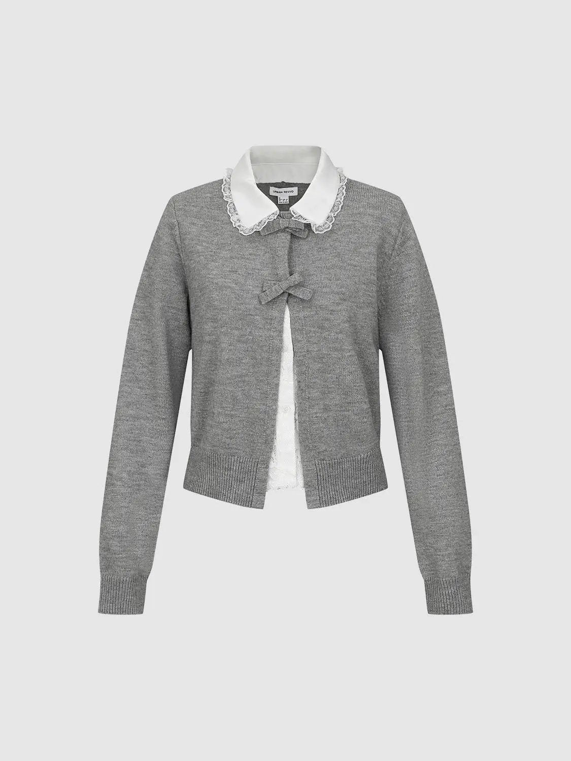 Knitwear cardigan in gray with white lace collar and twin bow closures; cropped silhouette by Urban Revivo Fashion