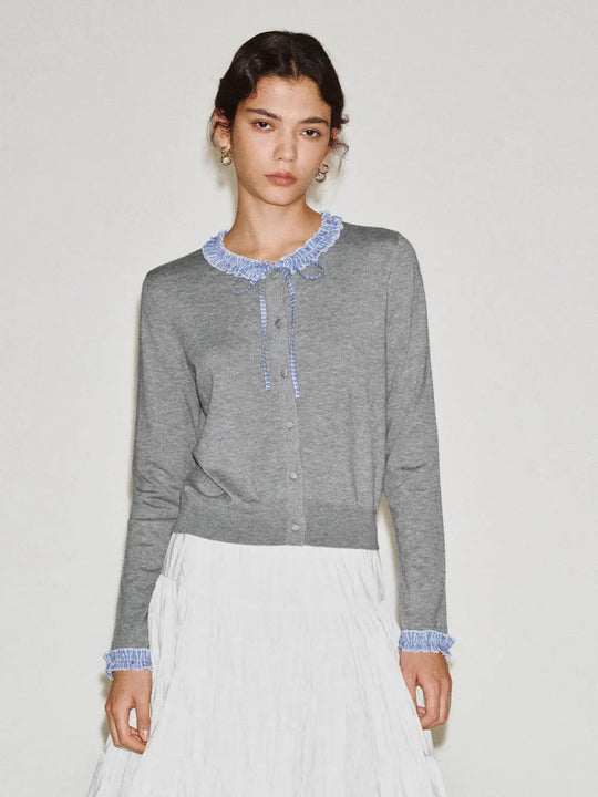 Ribbed Ruffled Tie Collar Long Sleeve Cardigan