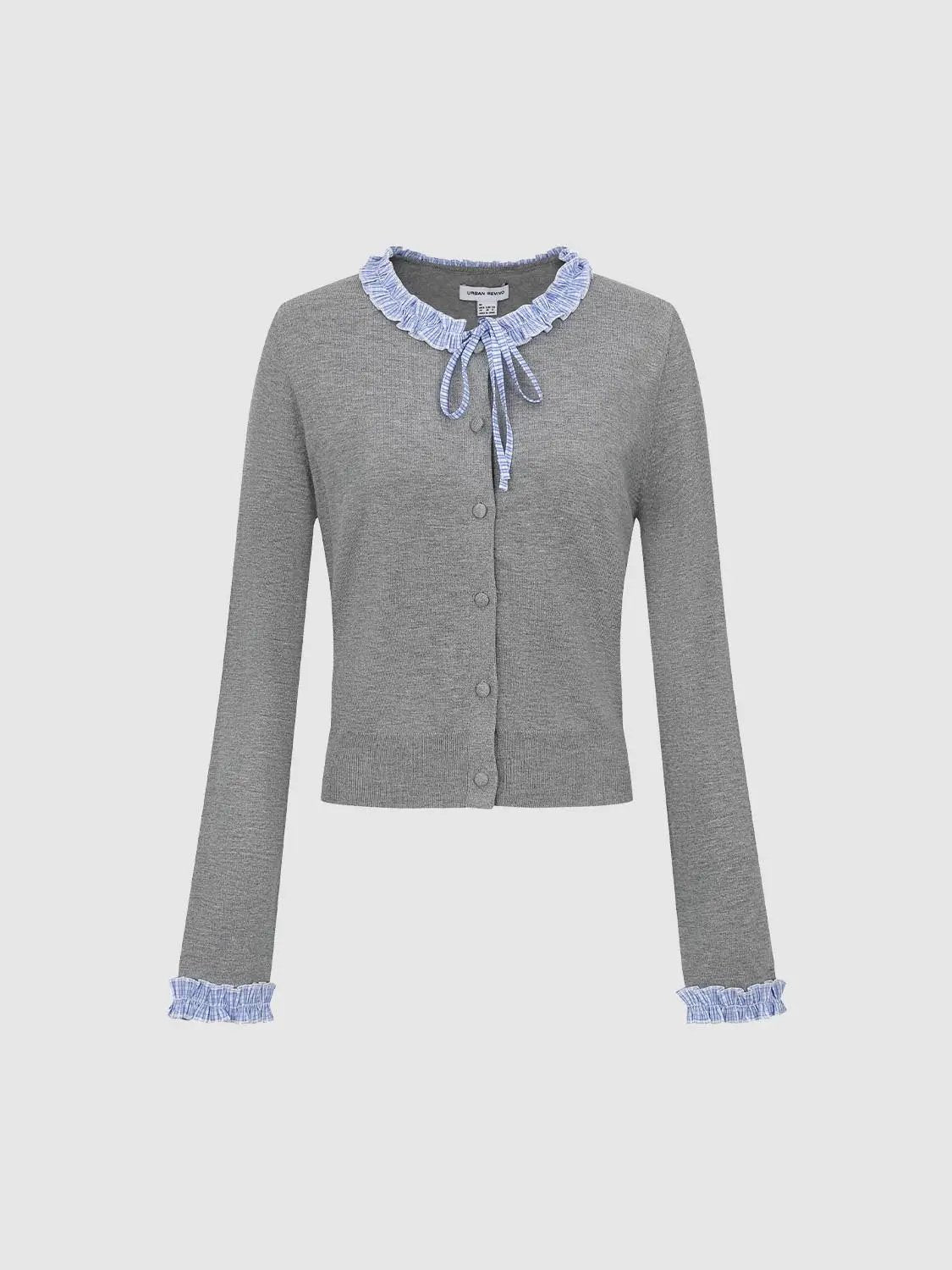 Knitted cardigan in grey with blue ruffled collar and cuffs, Urban Revivo Fashion