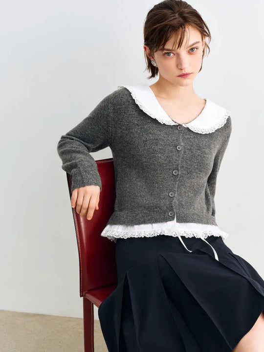 Lace Collar Lace Hem Long Sleeve Cardigan