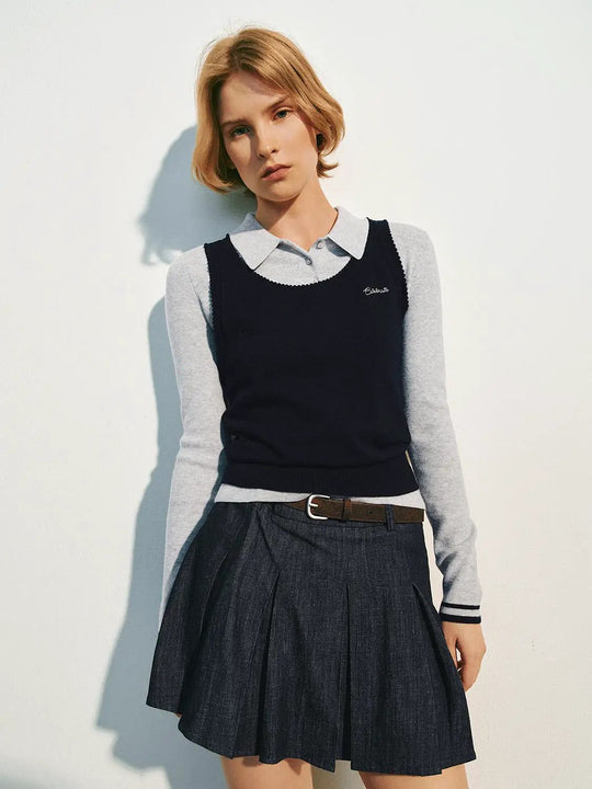 Scalloped Embroidered Polo Collar Long Sleeve Knit Vest