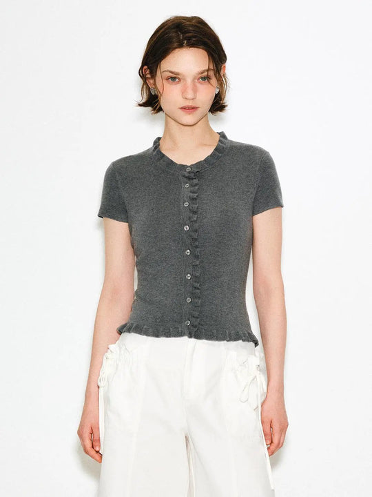 Ruffle Trim Button Front Short Sleeve Knit Cardigan