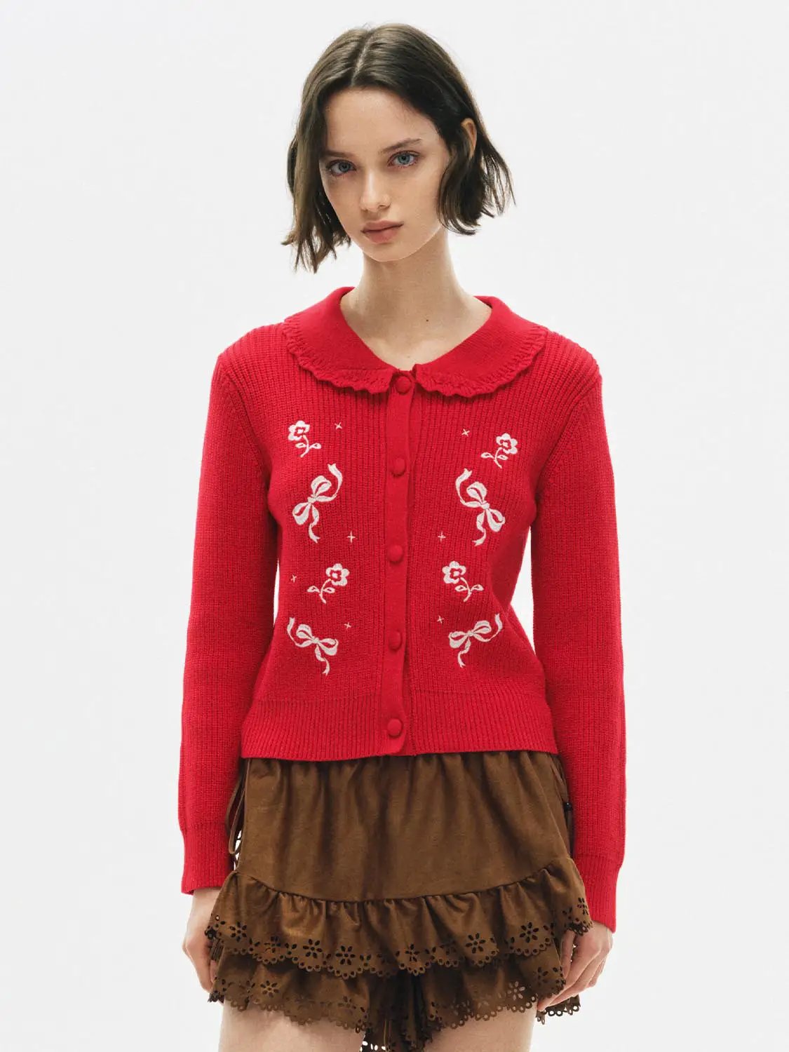 Knitted cardigan in red with white embroidered bows, Urban Revivo Fashion.