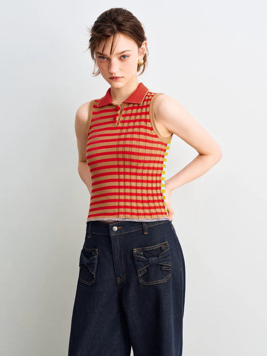 Striped Ribbed Cotton Polo Collar Tank Top
