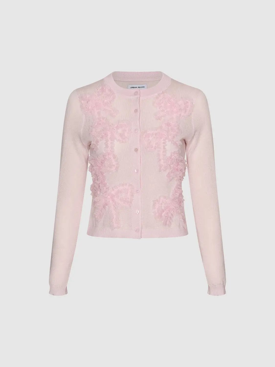 Knitted cardigan by Urban Revivo Fashion; pale pink knit with 3D pink floral appliques and button front