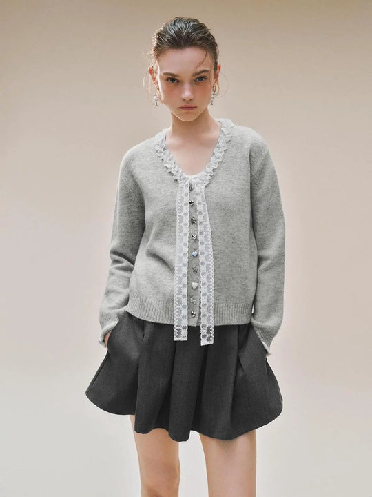 Knit Ruffle V-neck Button Front Long Sleeve Cardigan
