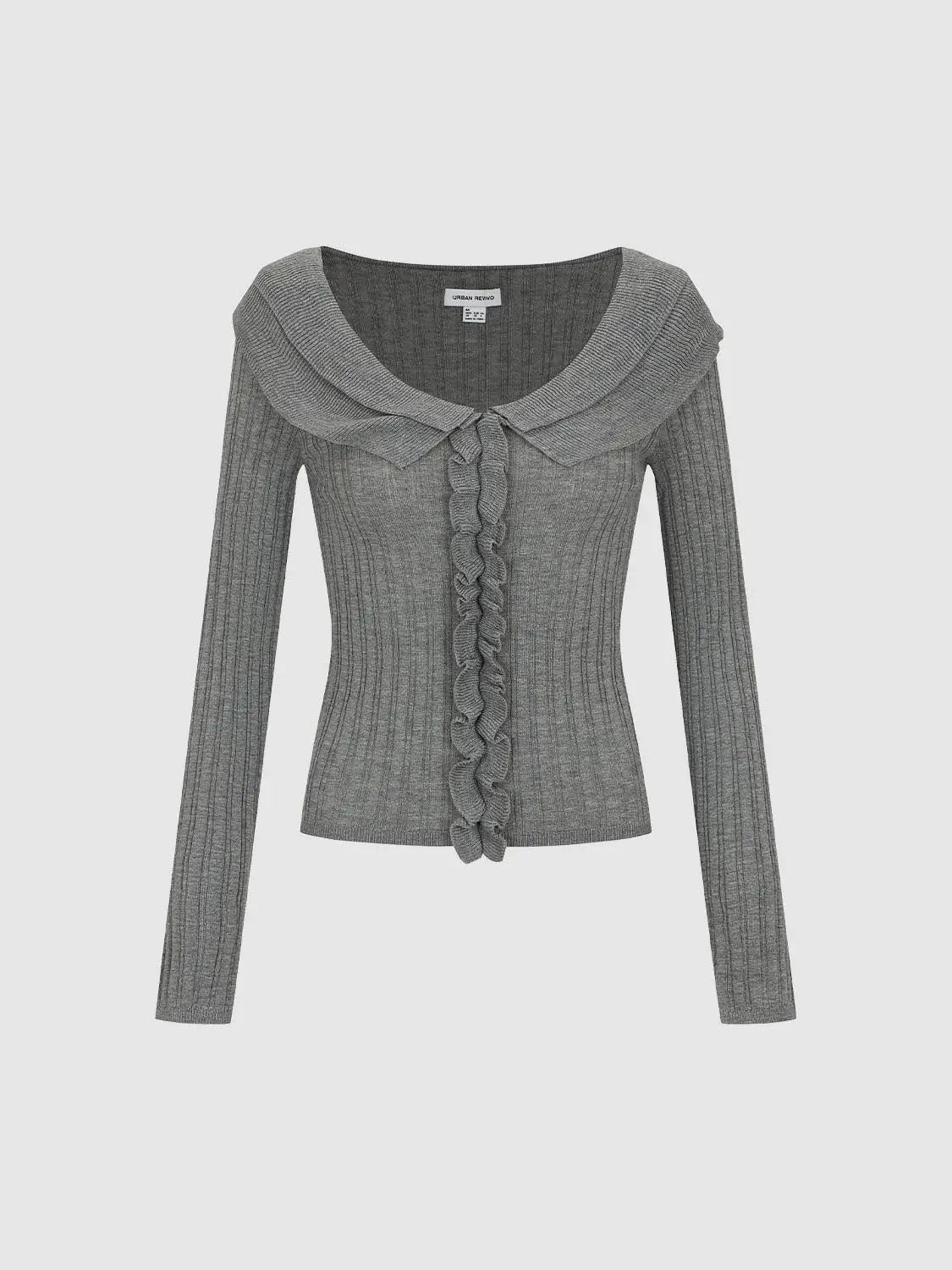Knit T-Shirts by Urban Revivo in gray knit with a wide collar and front ruffle placket.