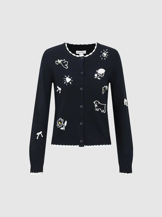 Graphic Long Sleeve Ribbed Knit Cardigan