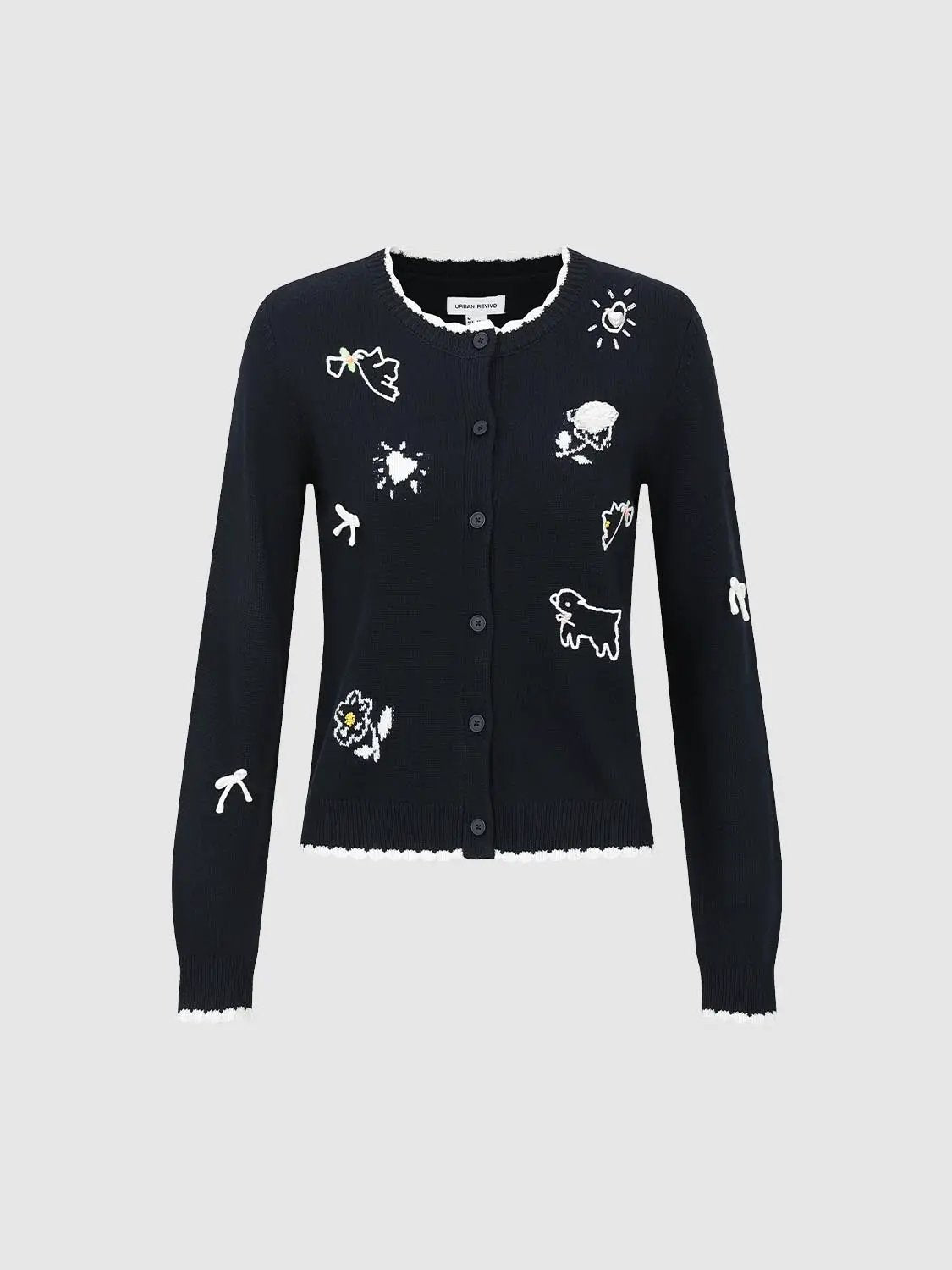 Graphic long-sleeve ribbed knit cardigan in navy with white embroidered doodles by Urban Revivo Fashion