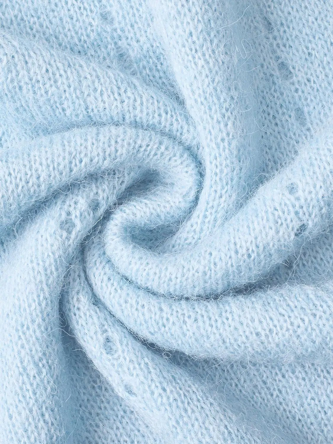Bow Detail Textured Crew Neck Long Sleeve Sweater fabric close-up in light blue knit