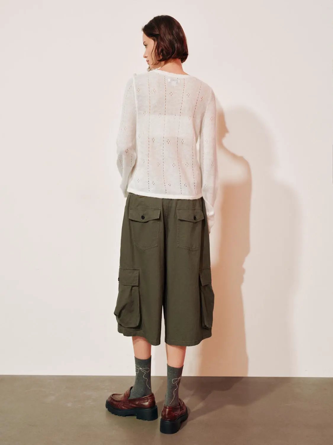 Bow Detail Textured Crew Neck Long Sleeve Sweater, white knit, back view.