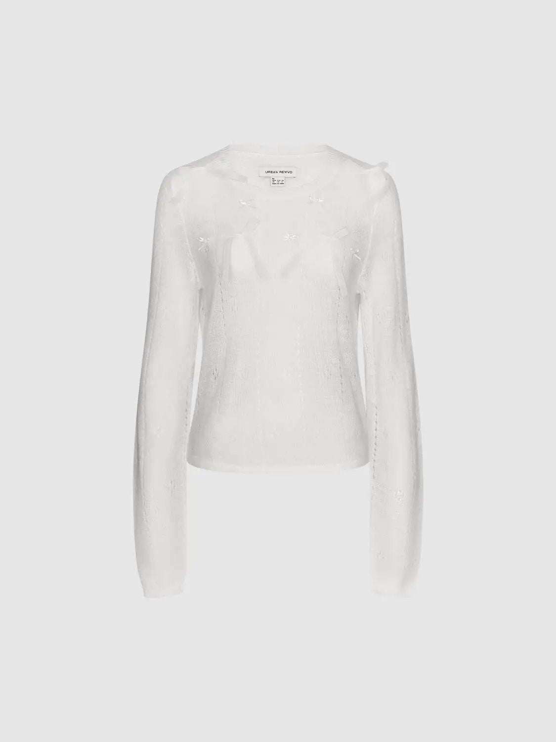 Bow-detail textured crew-neck long-sleeve sweater in white by Urban Revivo