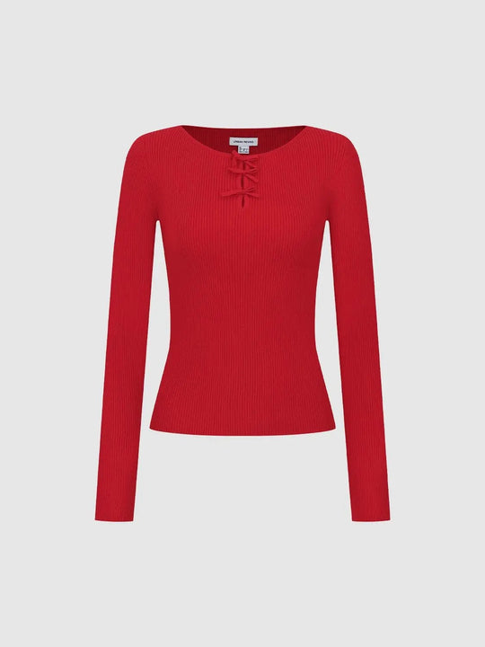 Ribbed Lace-up Long Sleeve Fitted T-Shirt
