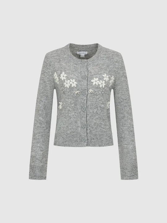 Floral Embroidered Crew Neck Long Sleeve Cardigan