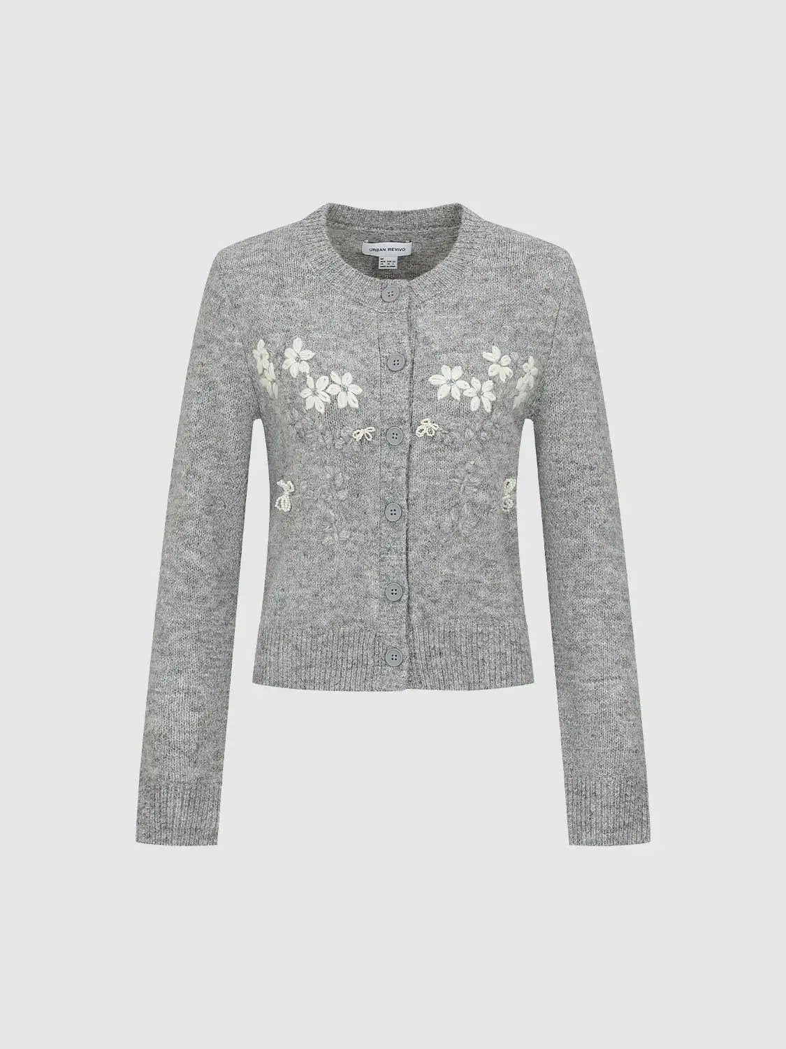 Floral-embroidered grey knitted cardigan with crew neck, long sleeves, button-front Urban Revivo Fashion