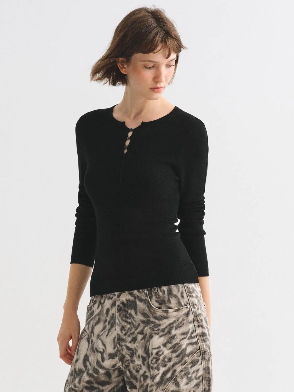 Knit T-Shirt, black long-sleeve knitted top with front button placket by Urban Revivo