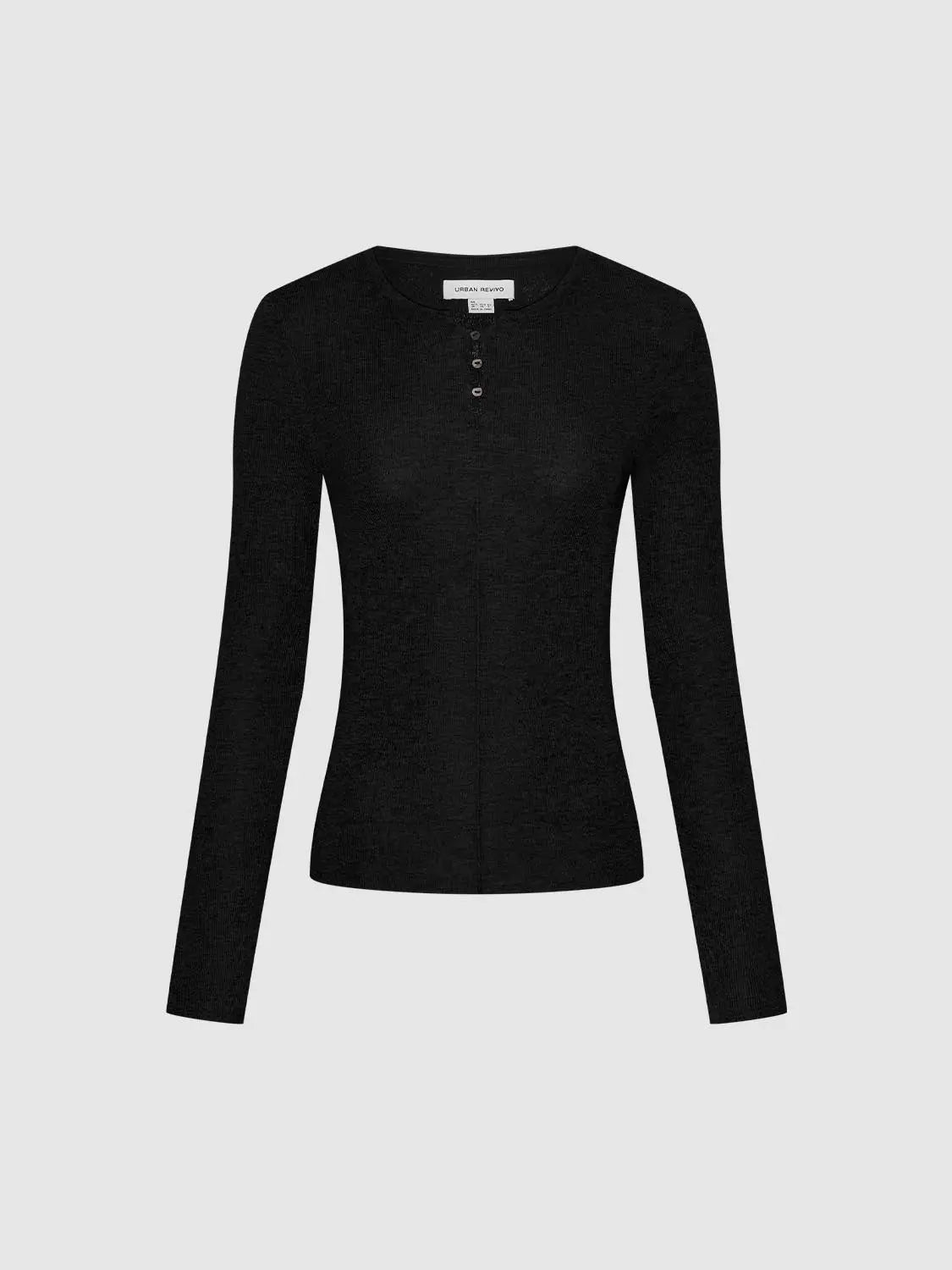 Knit T-Shirt by Urban Revivo Fashion in black; long-sleeve knitted Henley tee.