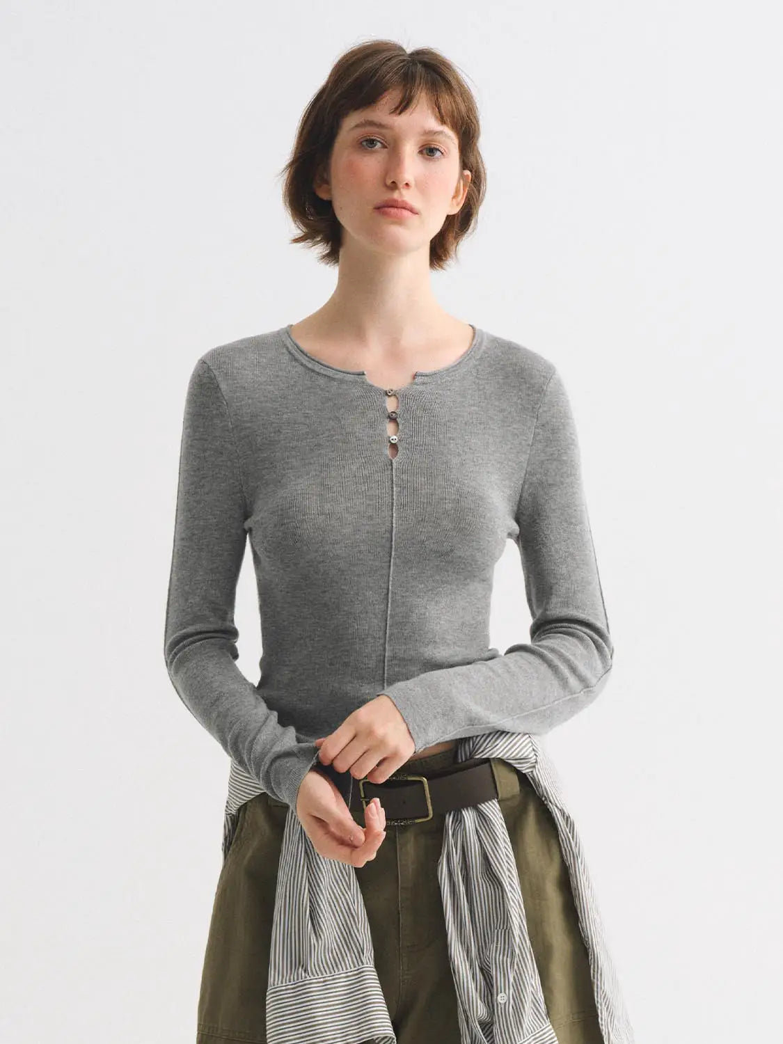 Knit T-Shirt, gray heather knit, long-sleeve women's top