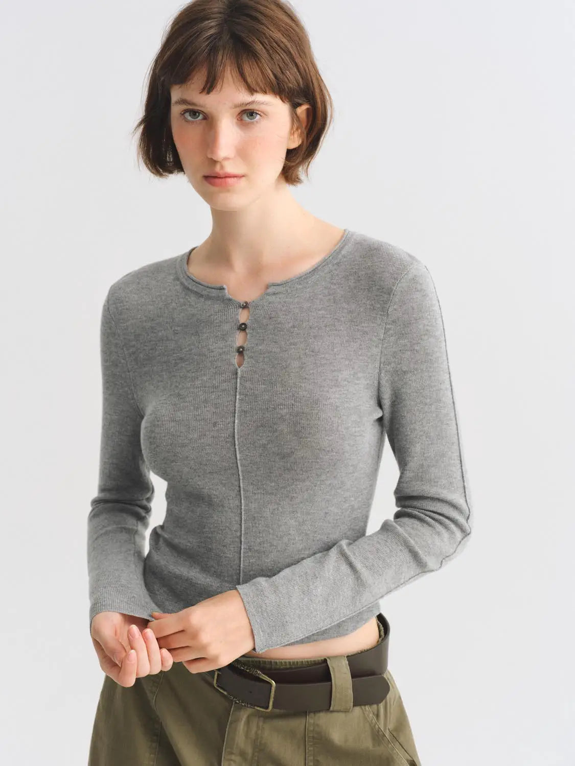 Knit T-Shirt by Urban Revivo Fashion in heather gray with a three-button placket