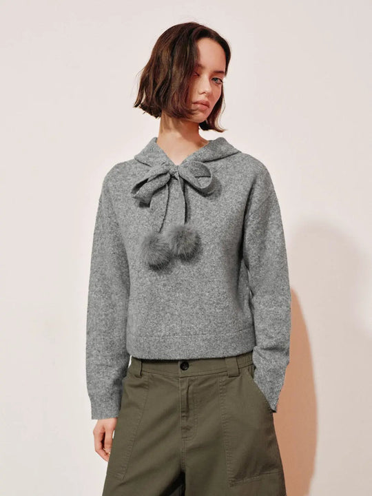 Pom-Pom Bow Tie Hooded Long Sleeve Knit Pullover