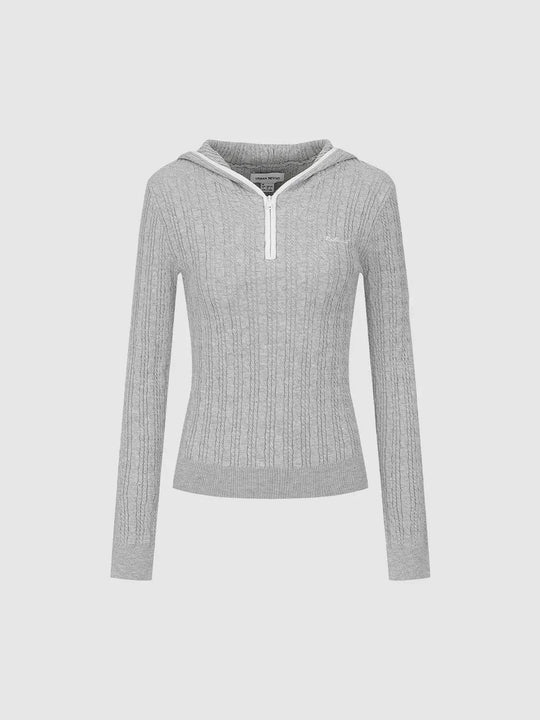 Ribbed Half-zip Hood Long Sleeve Fitted Pullover