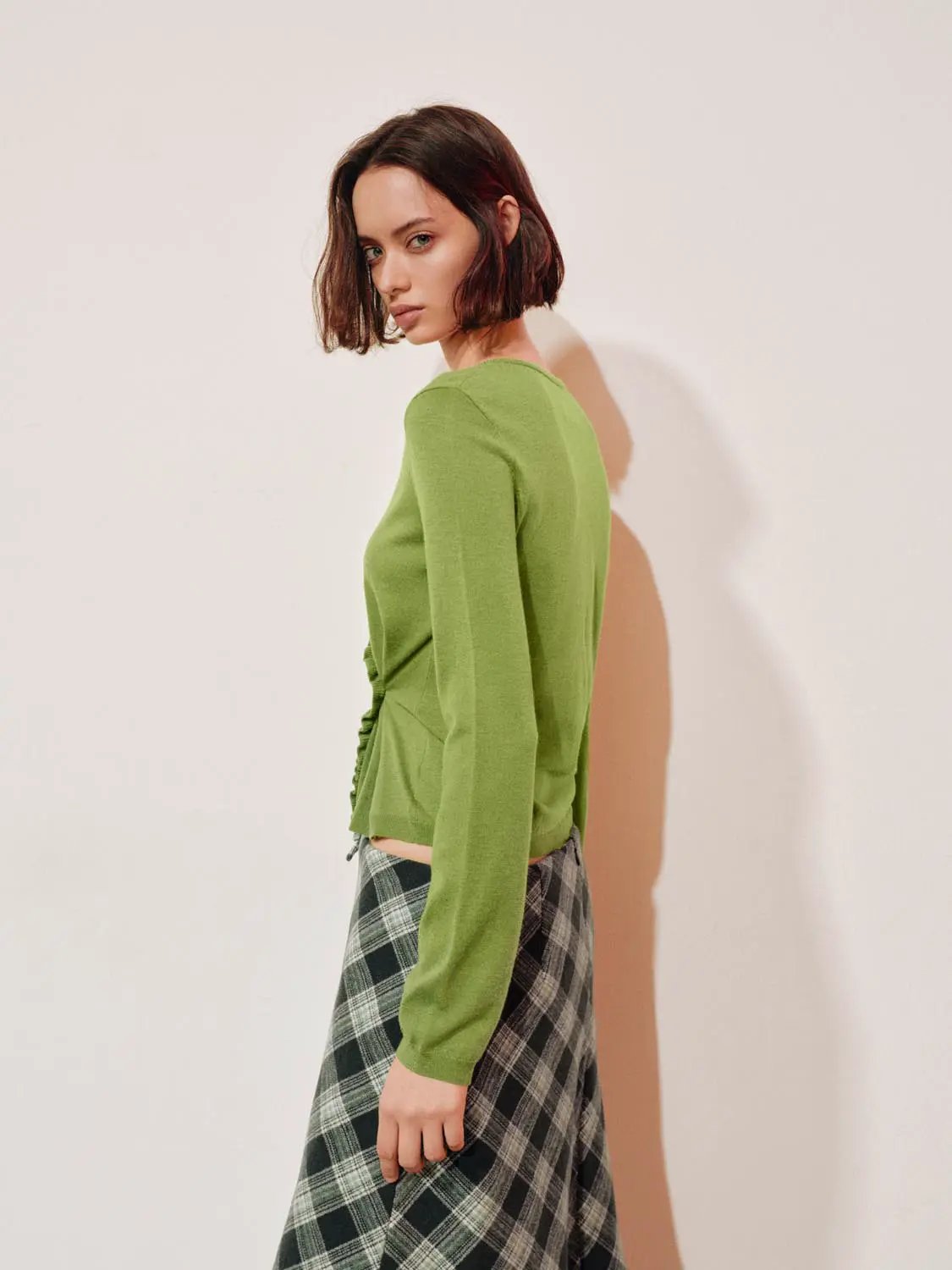 Twisted Ruffle Round Neck Long Sleeve Knit Jacket in green