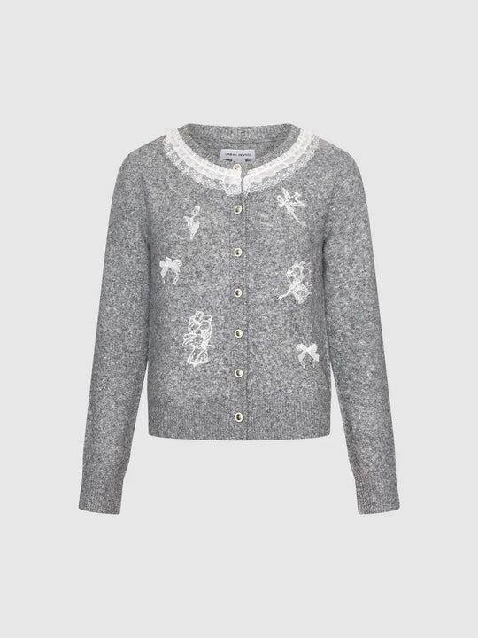 Embroidered Lace Collar Wool Blend Long Sleeve Cardigan