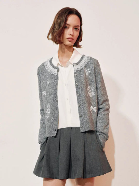 Embroidered Lace Collar Wool Blend Long Sleeve Cardigan