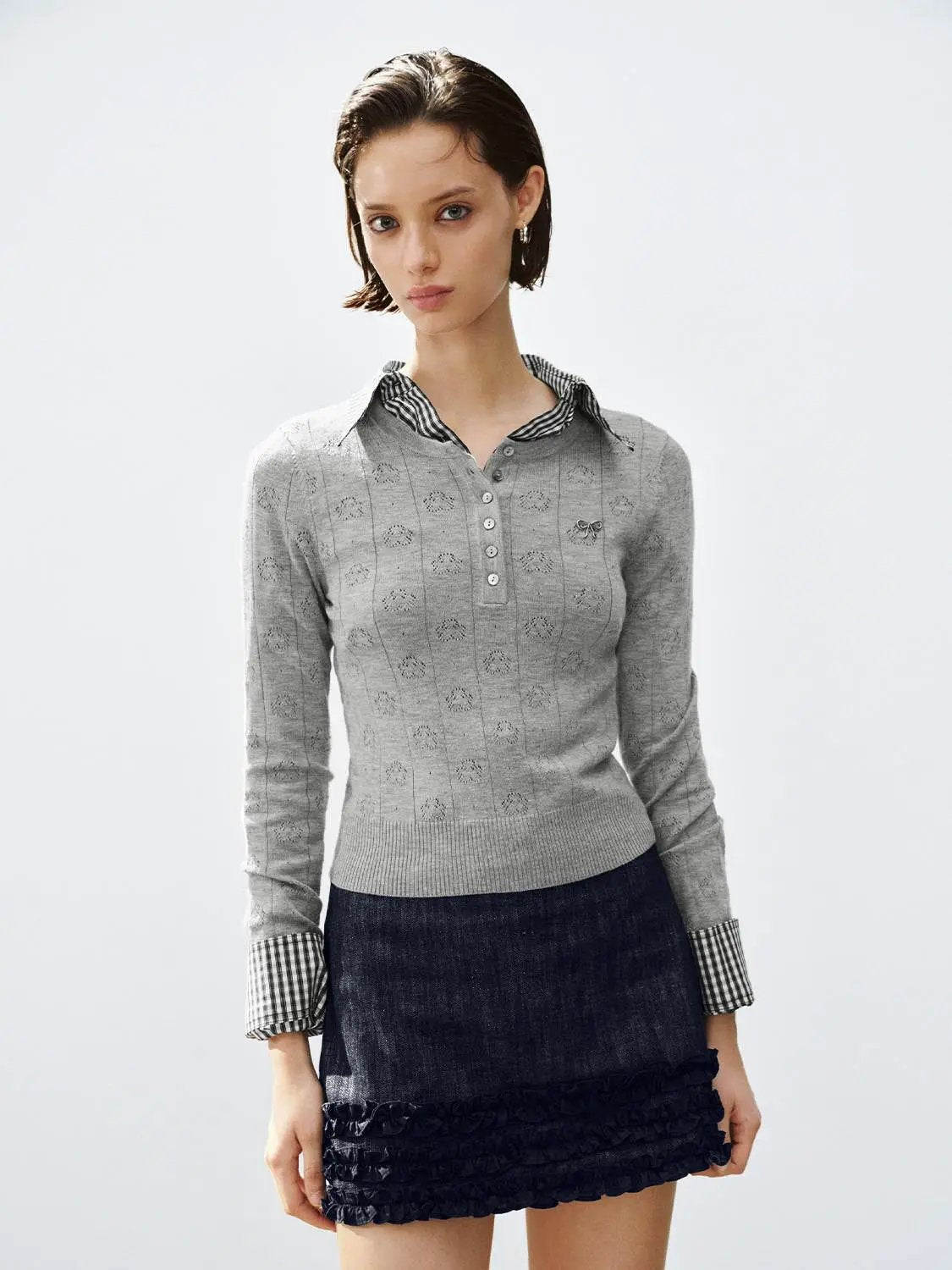 Textured Button Front Long Sleeve Crew Neck Sweater in gray by Urban Revivo Fashion