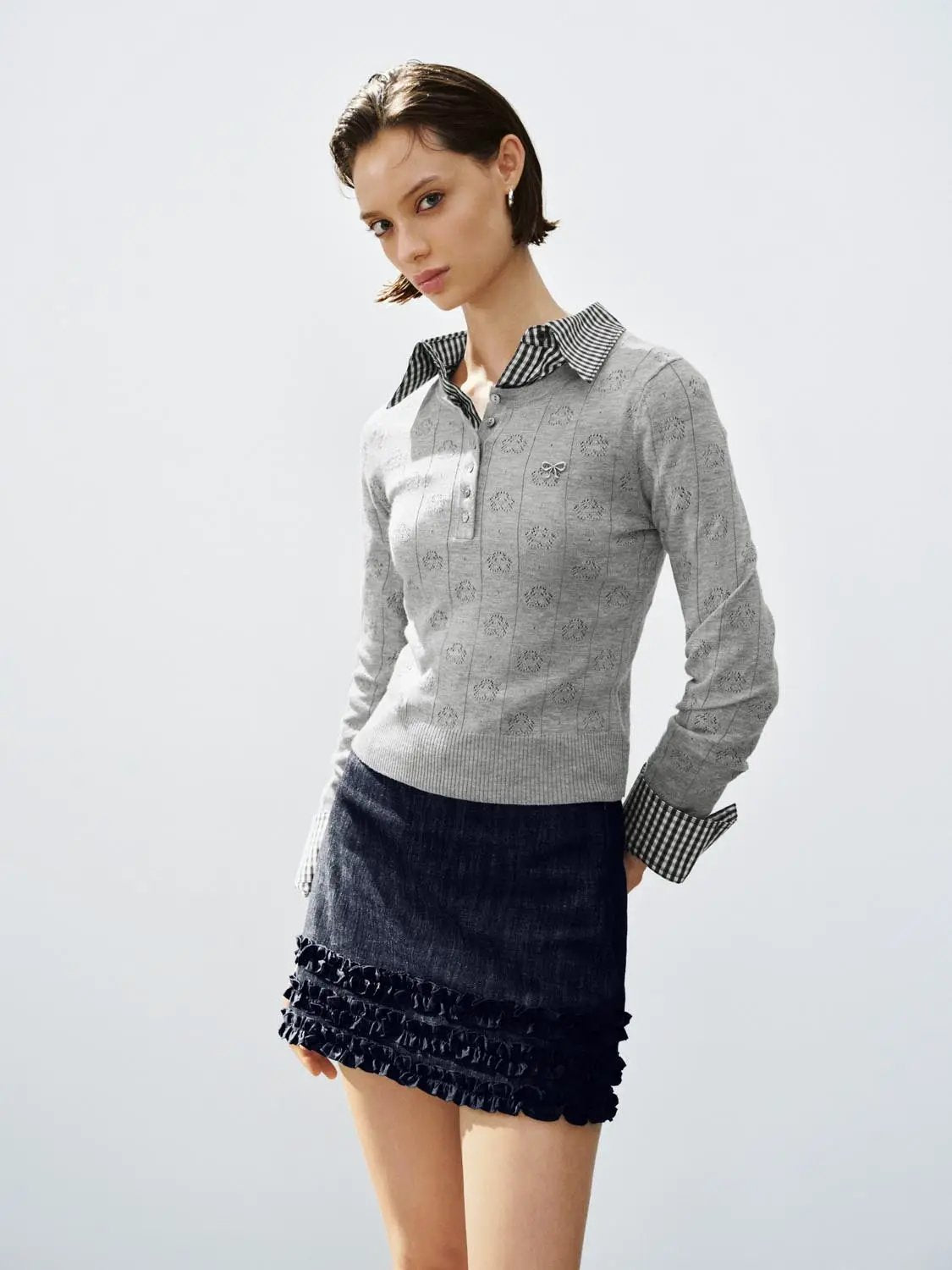 Textured button-front long-sleeve knit sweater in light grey