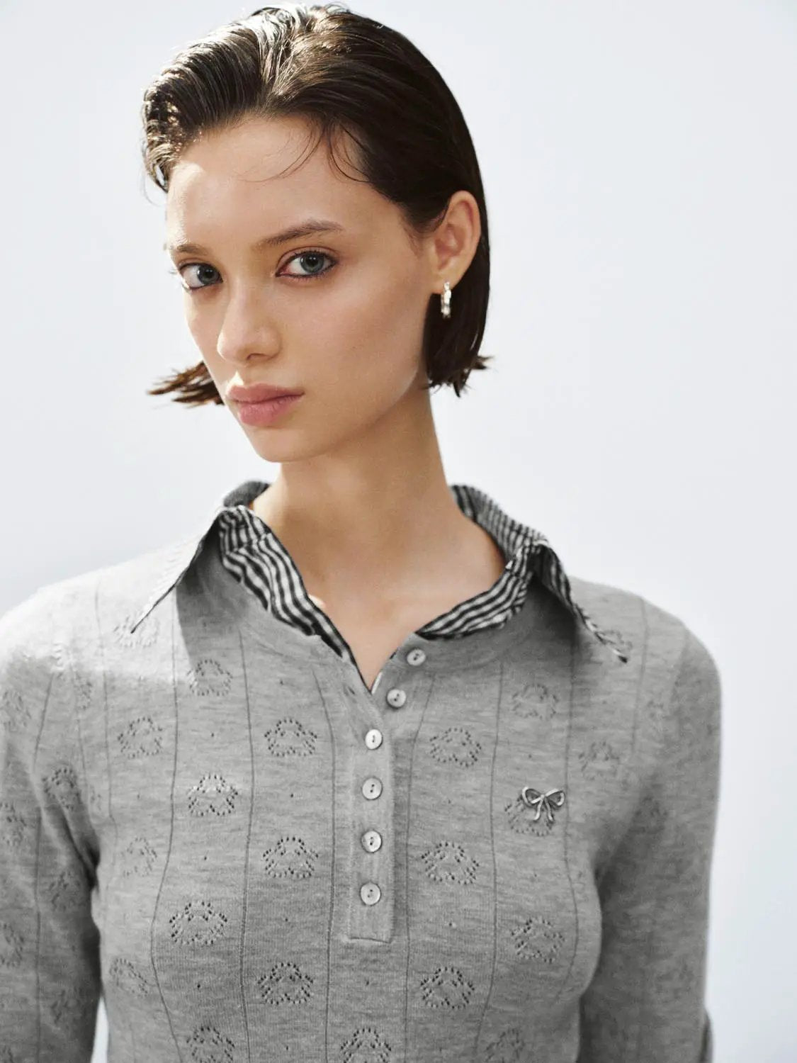 Textured button-front long-sleeve crew-neck grey knit sweater