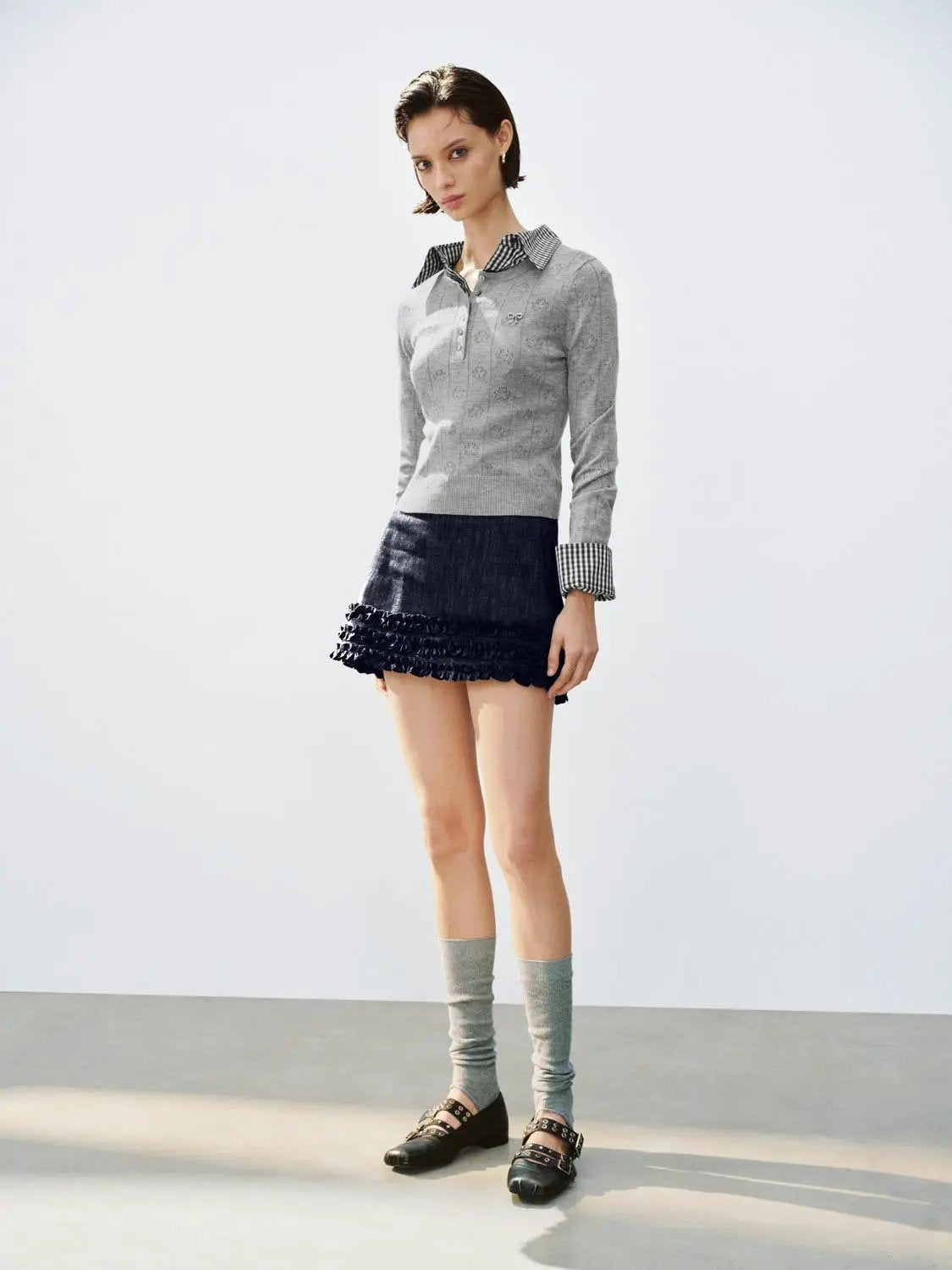 Textured button-front long-sleeve crew-neck knit sweater in light gray by Urban Revivo Fashion