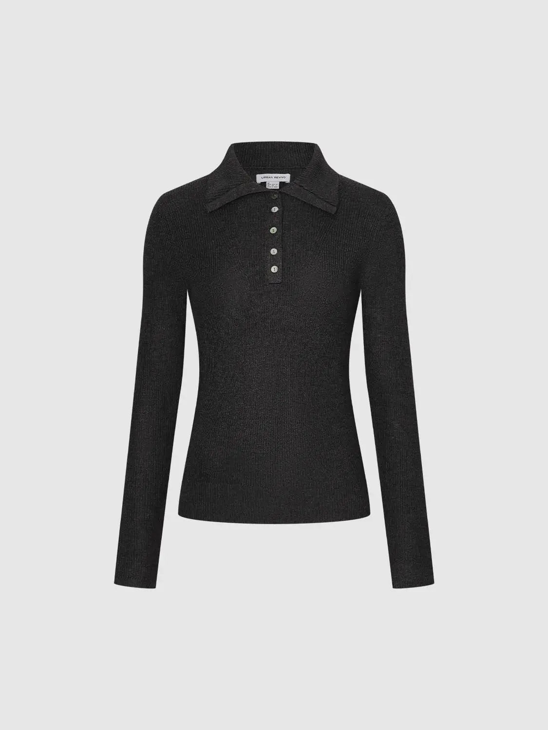 Knit T-Shirt Urban Revivo black knitted long-sleeve polo-style top with collar and button placket