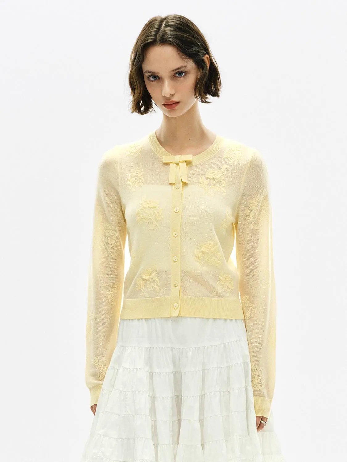 Ribbed floral embroidered bow long-sleeve cardigan, pale yellow, Urban Revivo Fashion