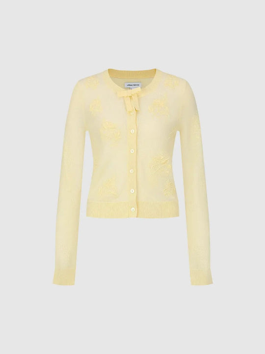 Gerippter Langarm-Cardigan mit Blumenstickerei und Schleife