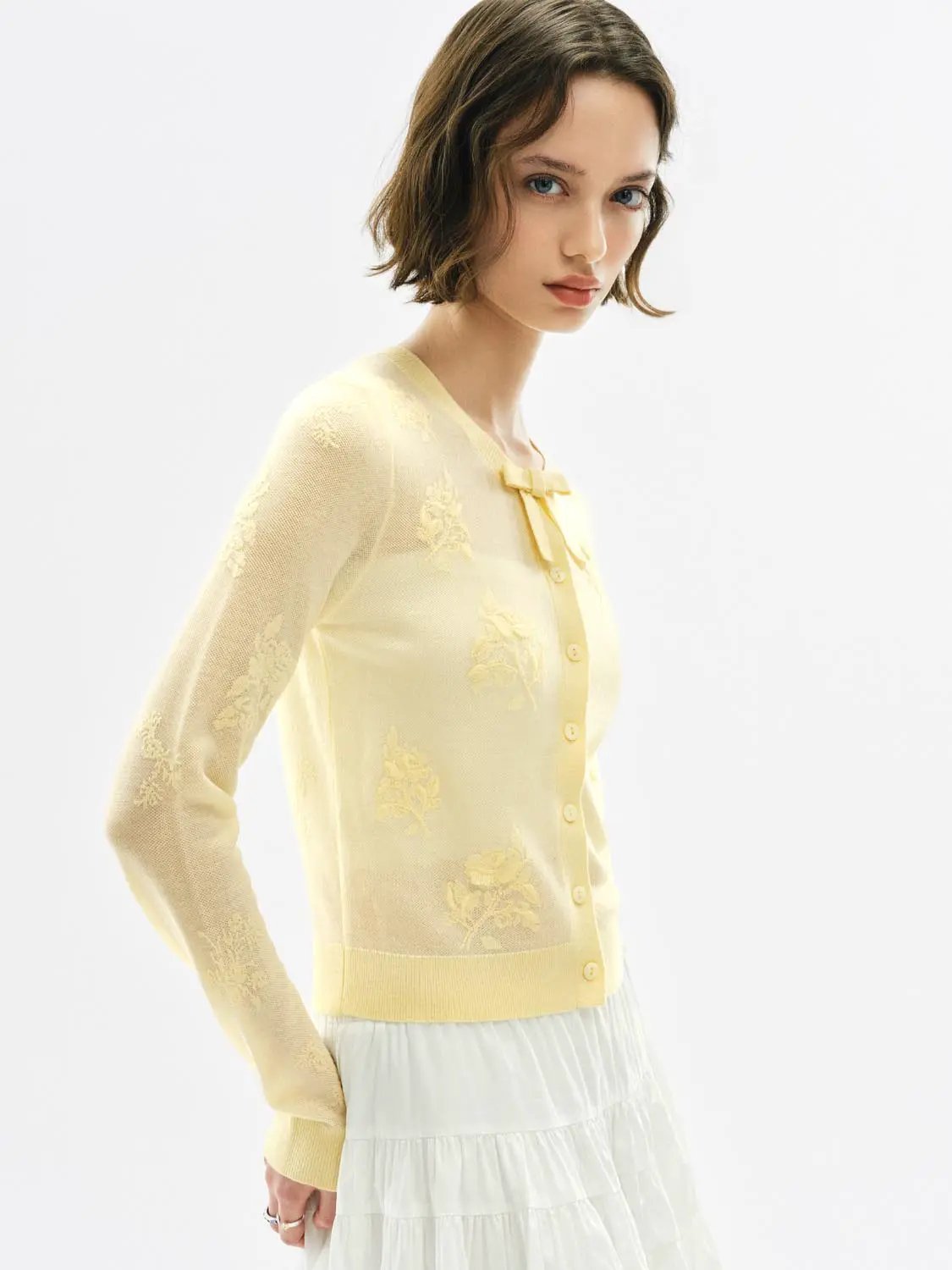 Ribbed Floral Embroidered Bow Long Sleeve Cardigan in pale yellow with delicate floral embroidery