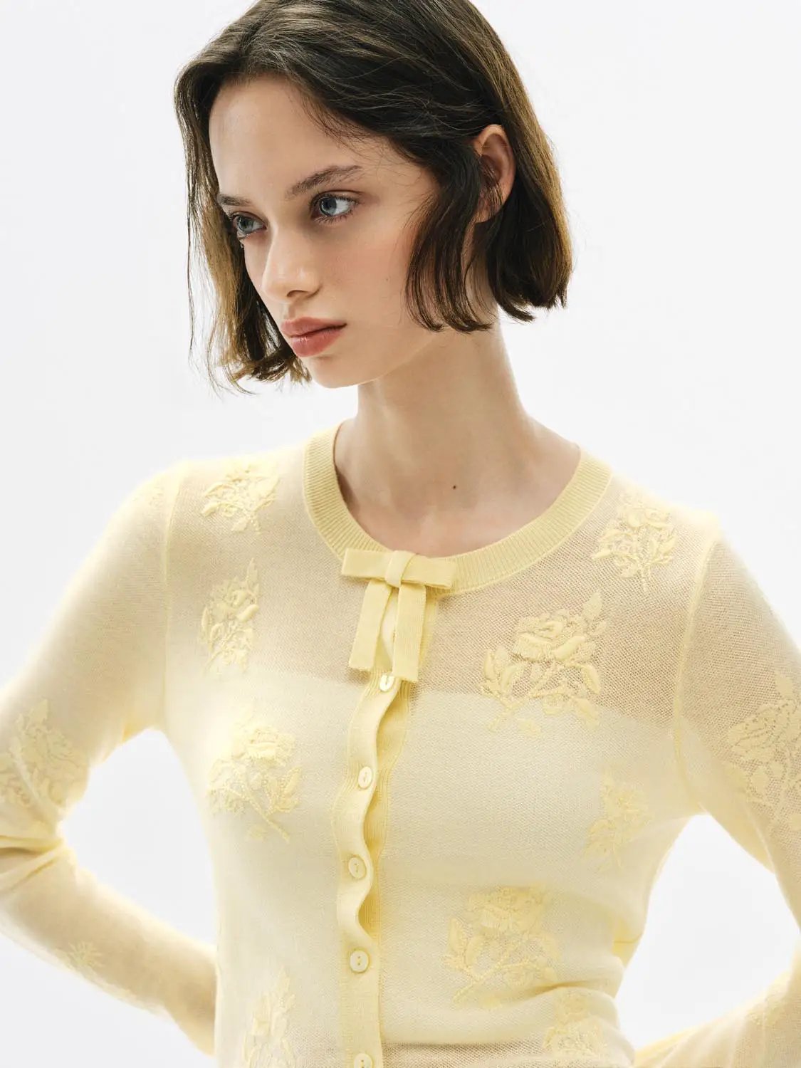 Ribbed floral embroidered bow long sleeve cardigan in pale yellow knit for women