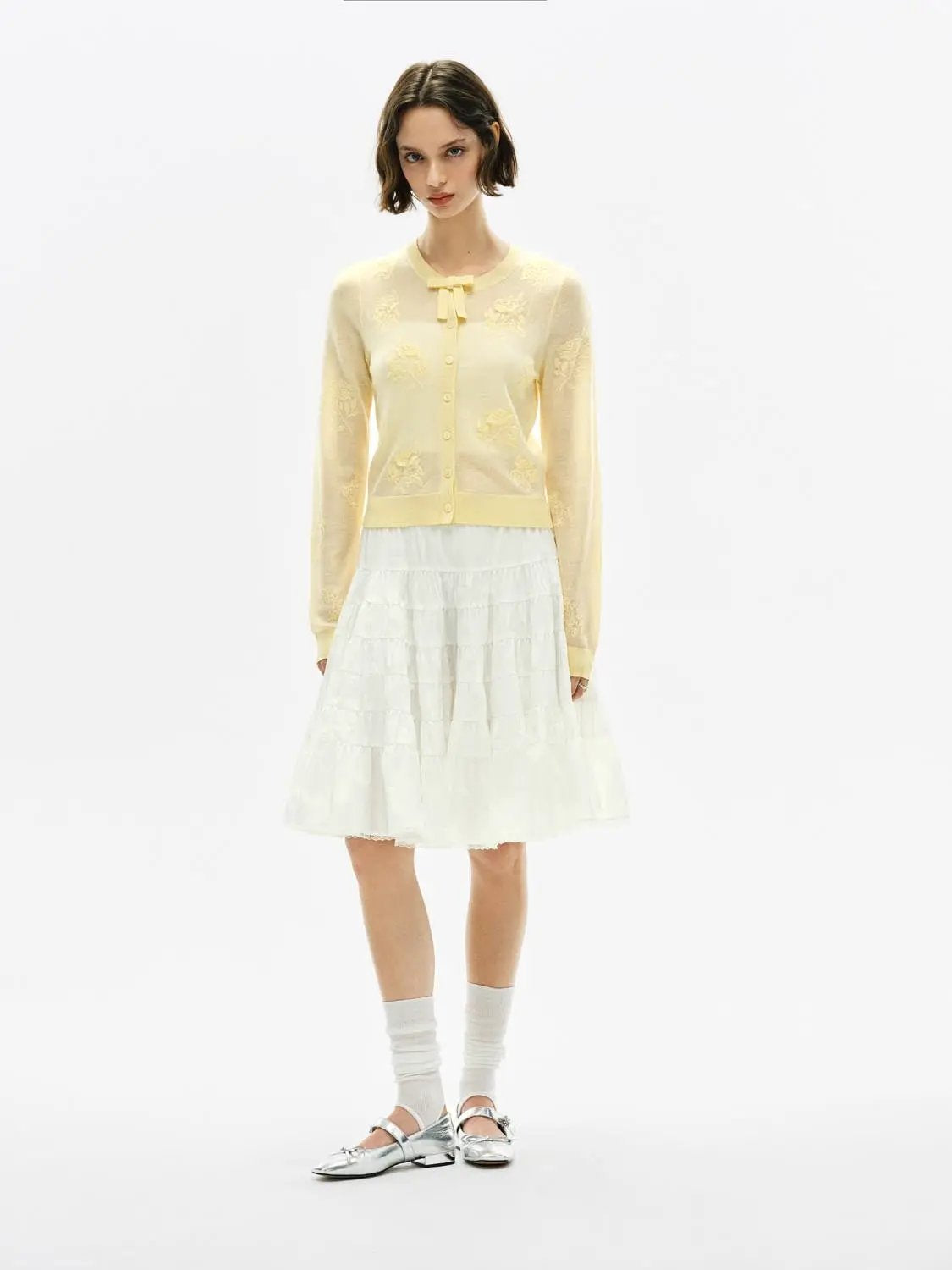 Ribbed Floral Embroidered Bow Long Sleeve Cardigan in pale yellow, Urban Revivo Fashion