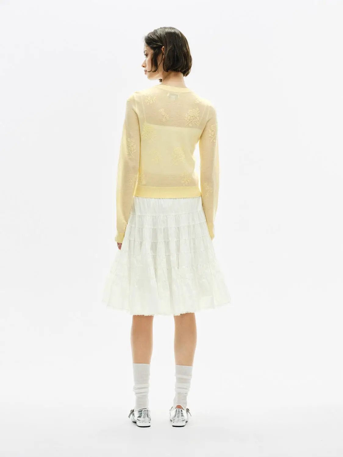 Ribbed floral embroidered bow long sleeve cardigan in pale yellow knit