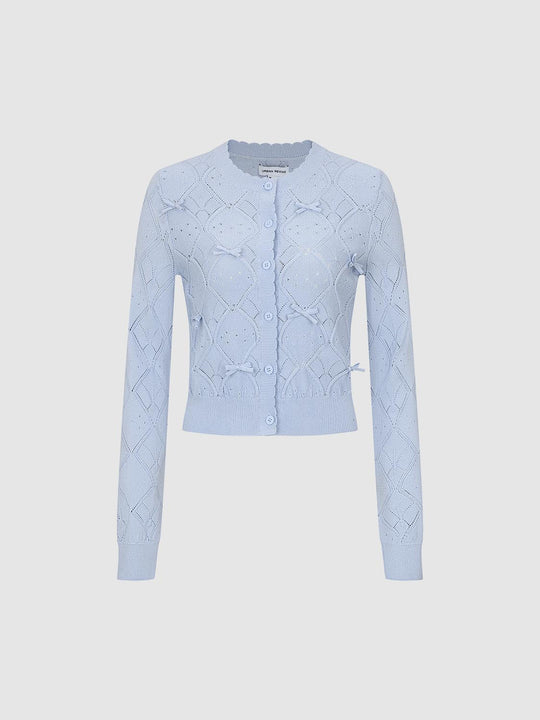 Openwork Diamond Bow Crew Neck Long Sleeve Knit Cardigan