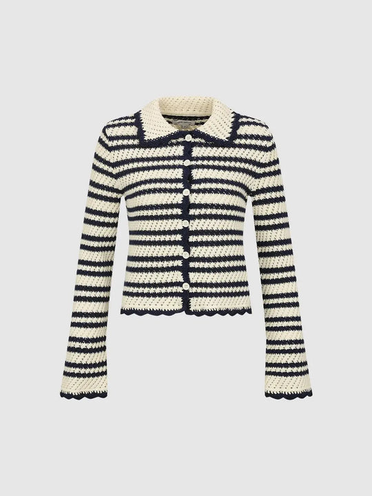 Striped Collar Long Sleeve Cotton Knit Cardigan
