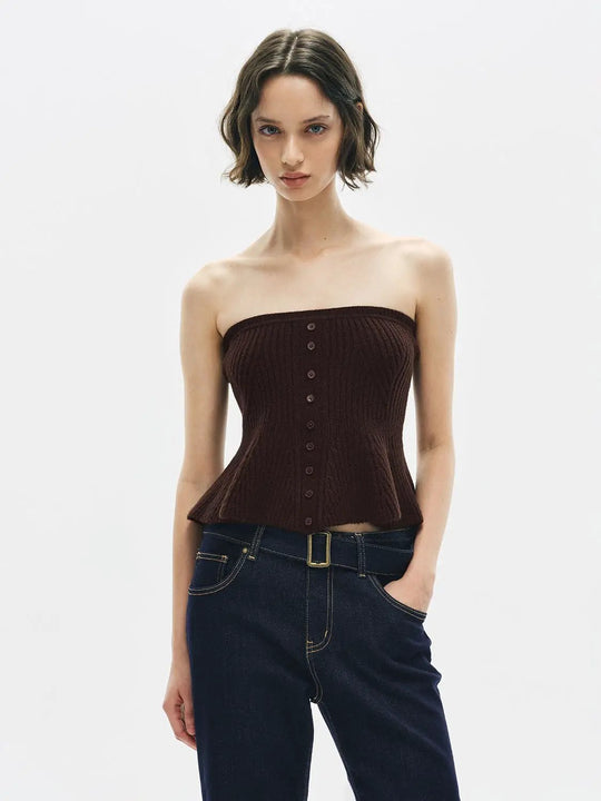 Ribbed Button Front Peplum Sleeveless Knit Top