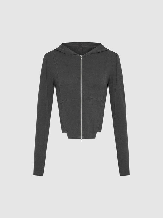 Giacca attillata con cappuccio e cerniera frontale