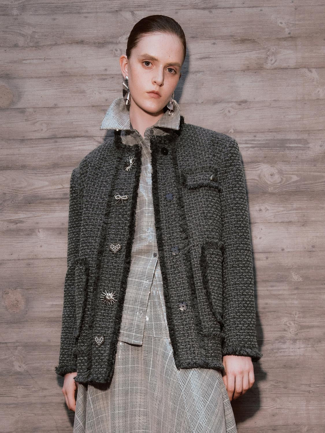 Metal Button Patch Pockets Tweed Wool Blend Jackets