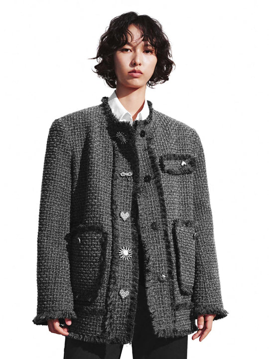 Metal Button Patch Pockets Tweed Wool Blend Jackets