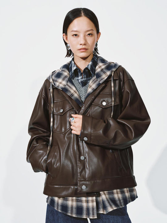2 In 1 Faux Leather Check Hooded Jackets