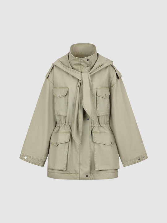 Mock Neck Hooded Scarf Detail Cargo Jackets