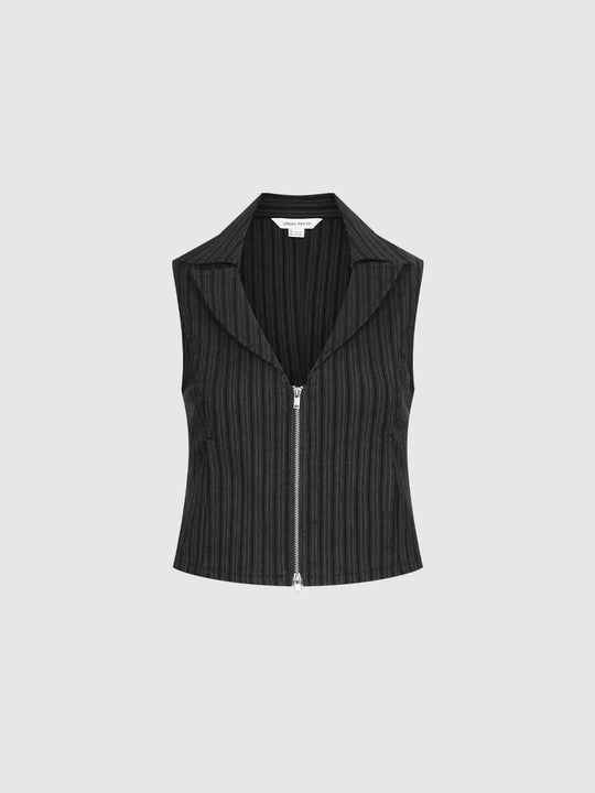 V Neck Collared Striped Nipped Waist Vests